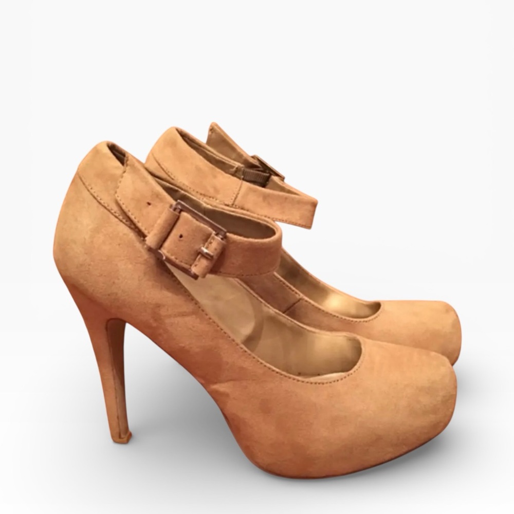 Tan Suede Ankle Strap High Heel Pump Sz. 7.5